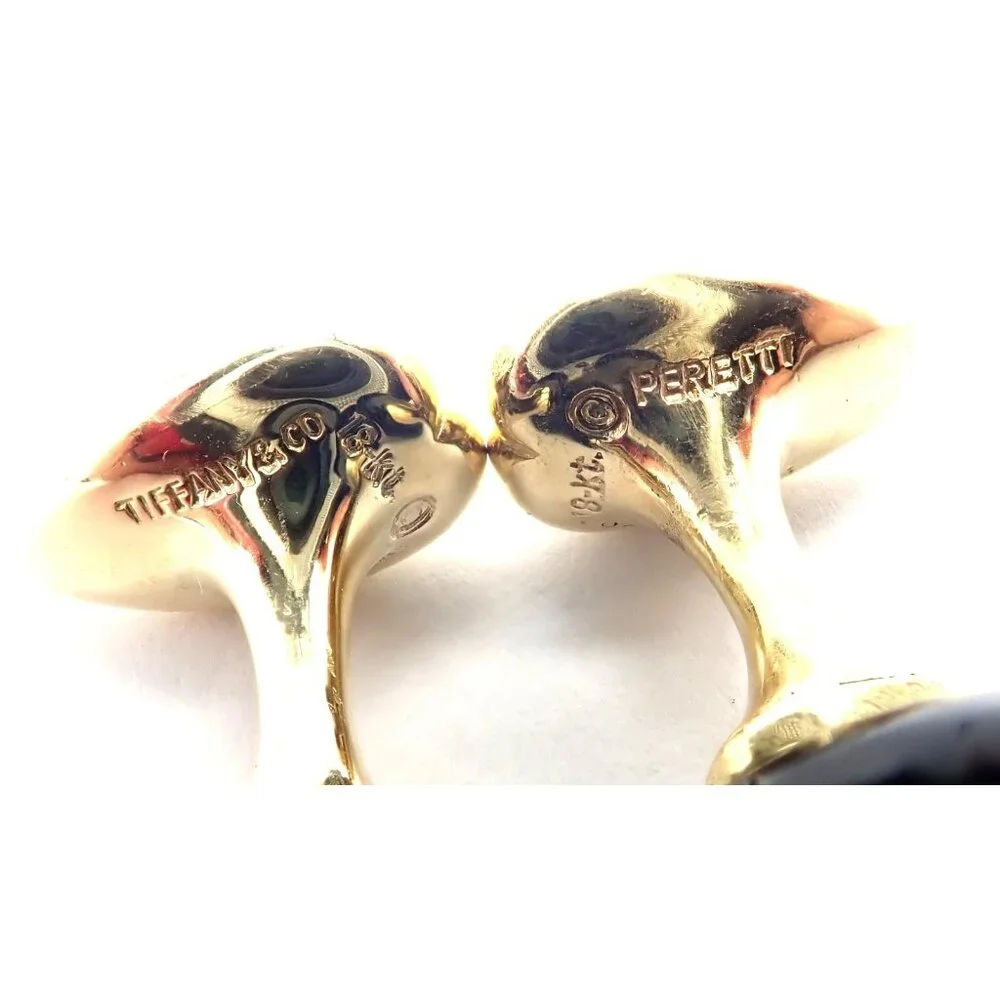 Authentic! Tiffany & Co Peretti 18k Yellow Gold Black Onyx Teardrop Cufflinks